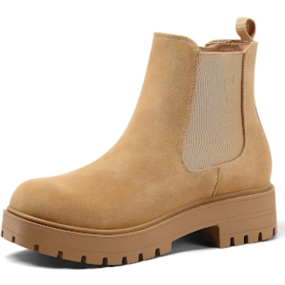 Women's Ankle Boot Low Heel Lug Sole Slip on - Chelsea Light Brown -size 8